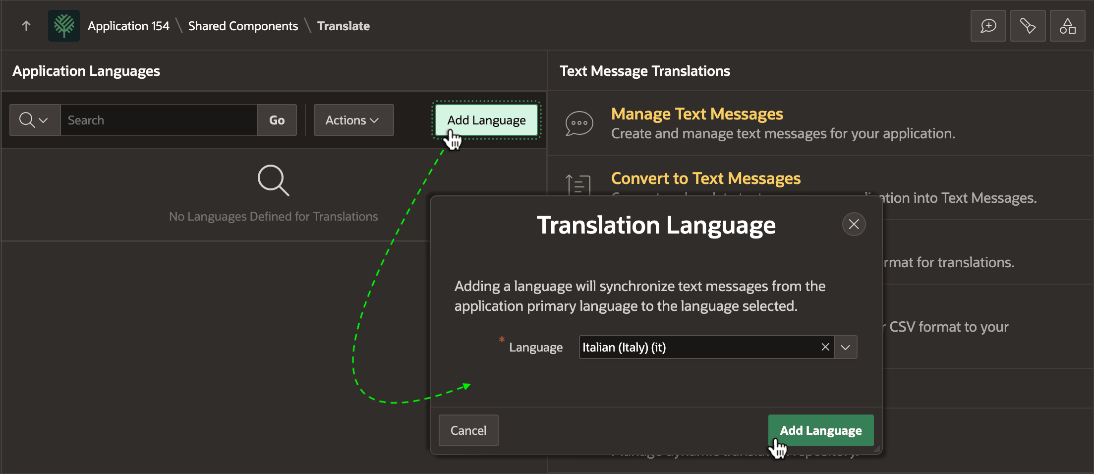 在 Application Translations 中添加 Italian (Italy) (it) 翻译语言