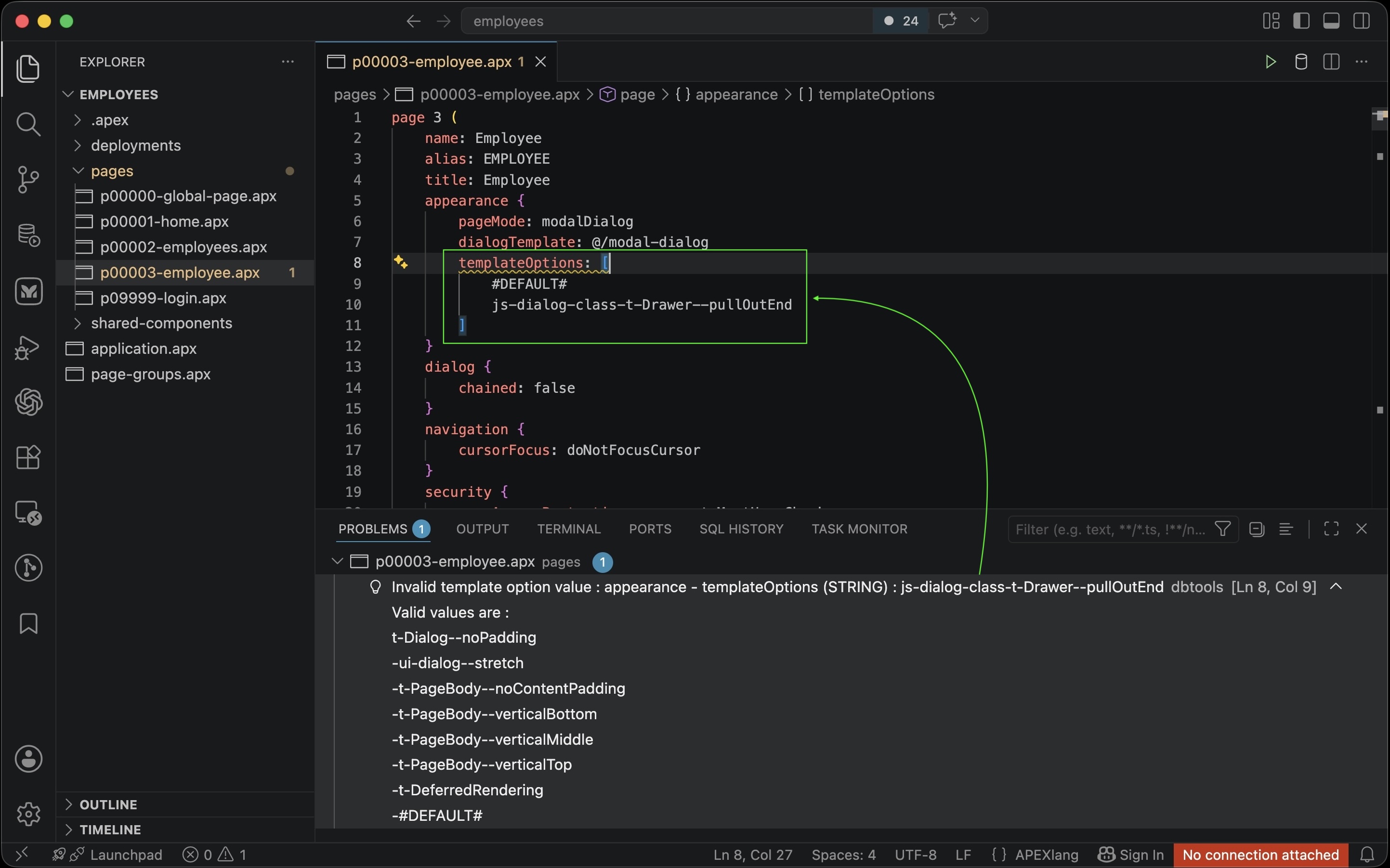 VS Code Problems 面板主动显示 APEXlang 模板选项验证错误
