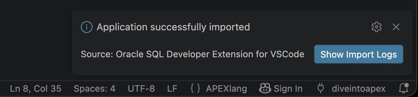VS Code 中显示 APEXlang 应用导入成功的确认消息
