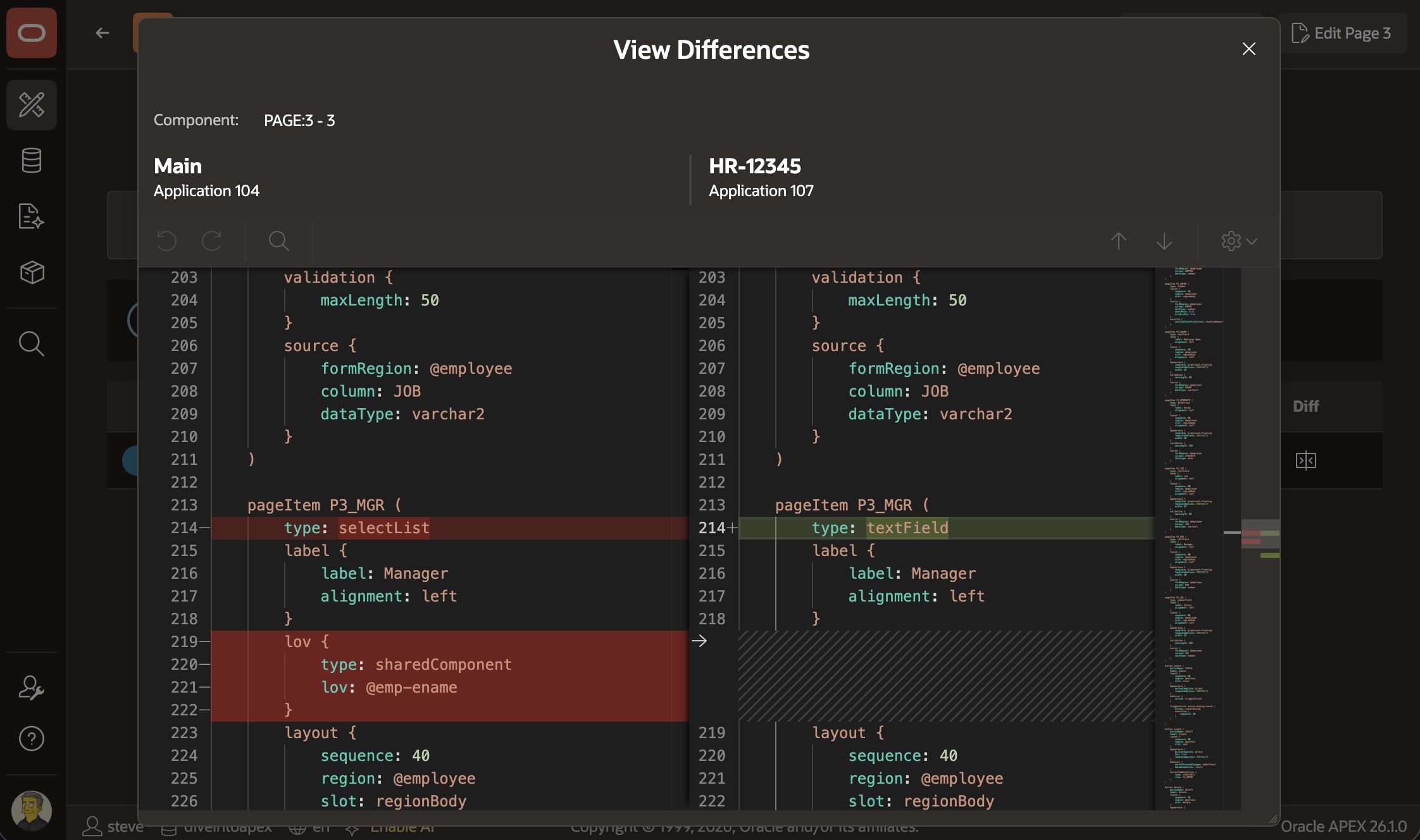 比较 working copy 与主应用时显示 APEXlang diff