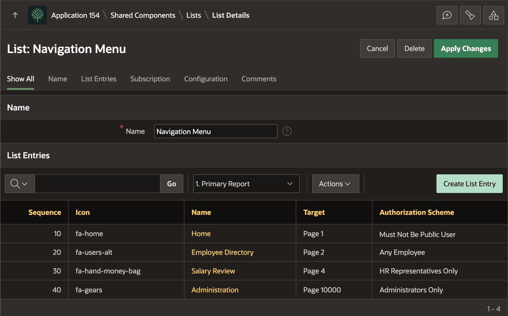 Navigation Menu 条目上的 Authorization Scheme 设置