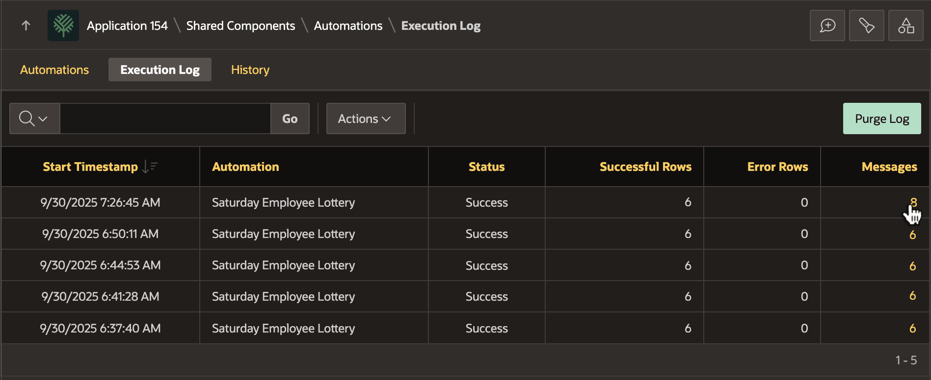 Automations 页面中的 Execution Log 列表