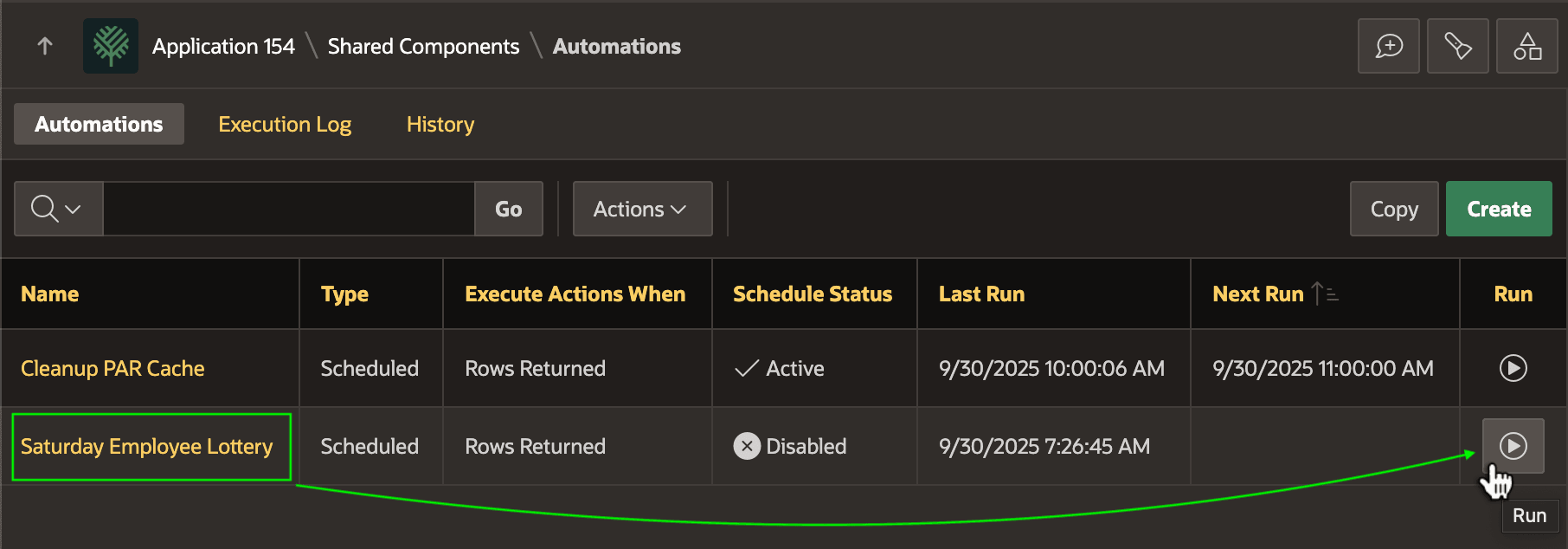 Automations 列表页中的 Run 按钮
