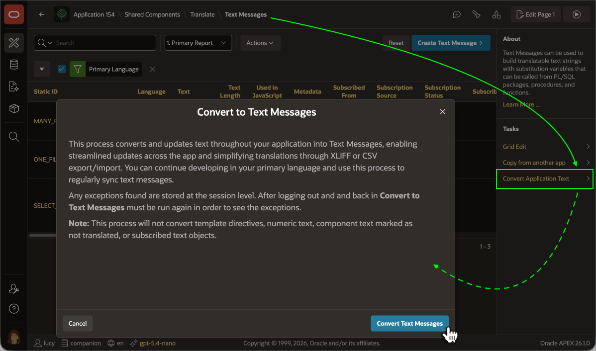 Text Messages 页面中的 Convert Application Text 任务