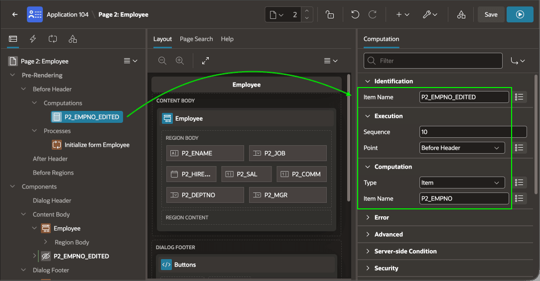 弹窗页 Pre-Rendering 计算把 EMPNO 保存到隐藏项