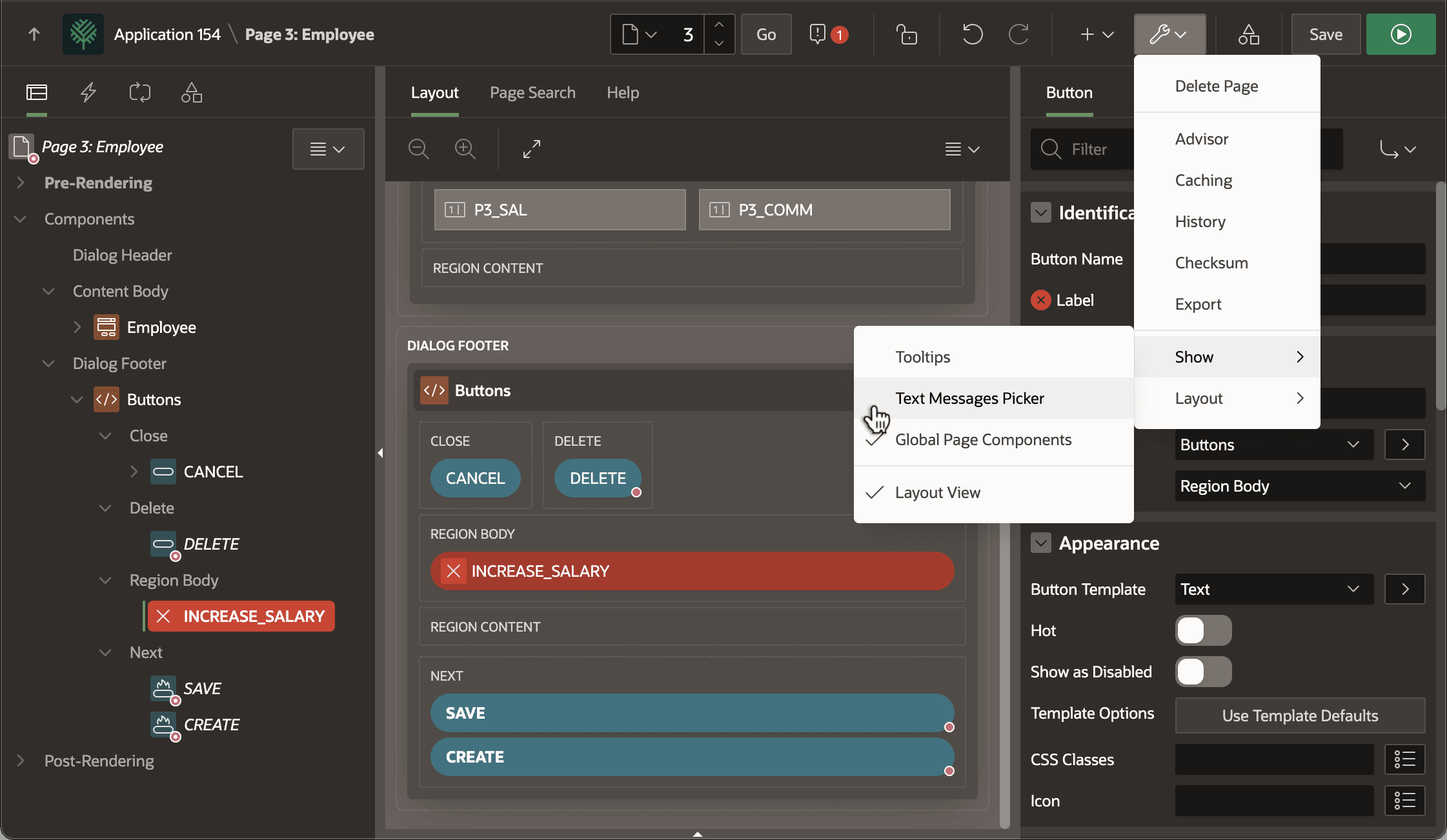 在 Page Designer 工具栏中启用 Show > Text Messages Picker