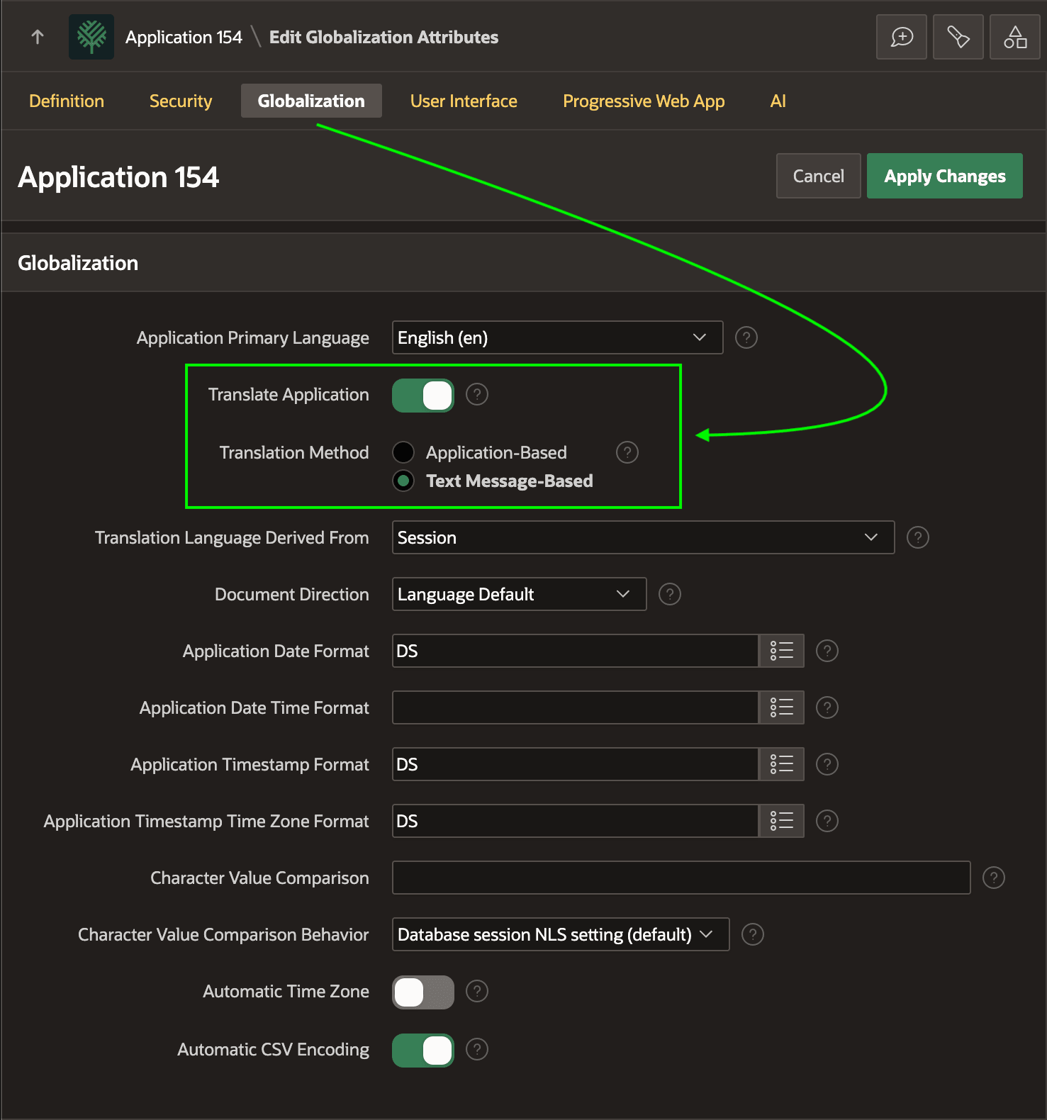 在 Globalization Attributes 中启用 Translate Application，并选择 Text Message-Based