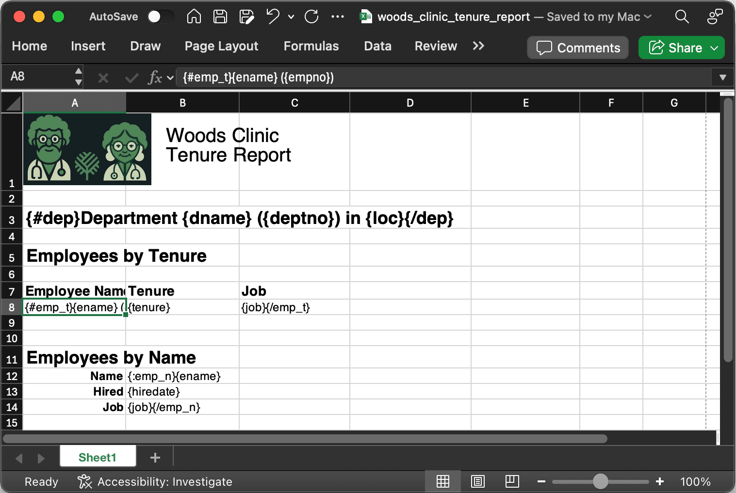 Excel 中的 Woods Clinic Tenure Report 模板和标签