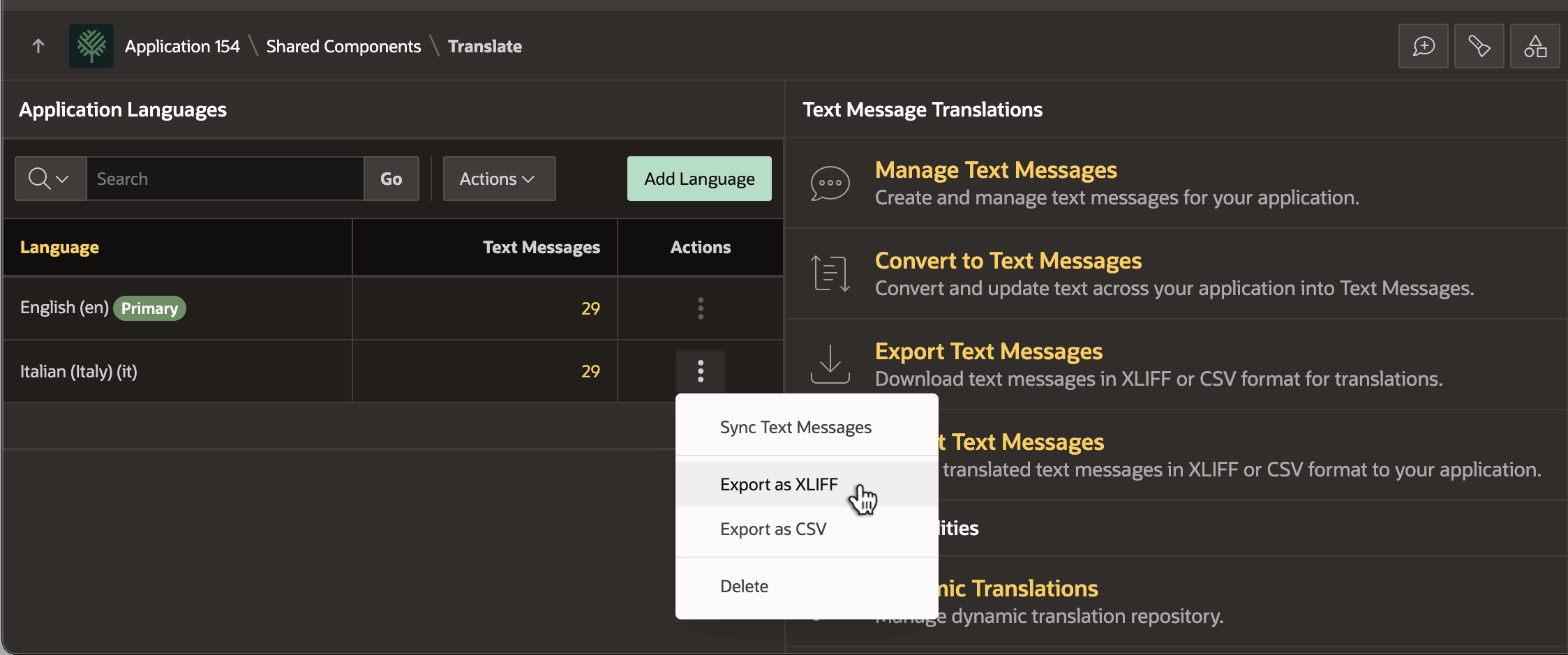 Application Translations 页面中使用 Export as XLIFF 导出目标语言消息