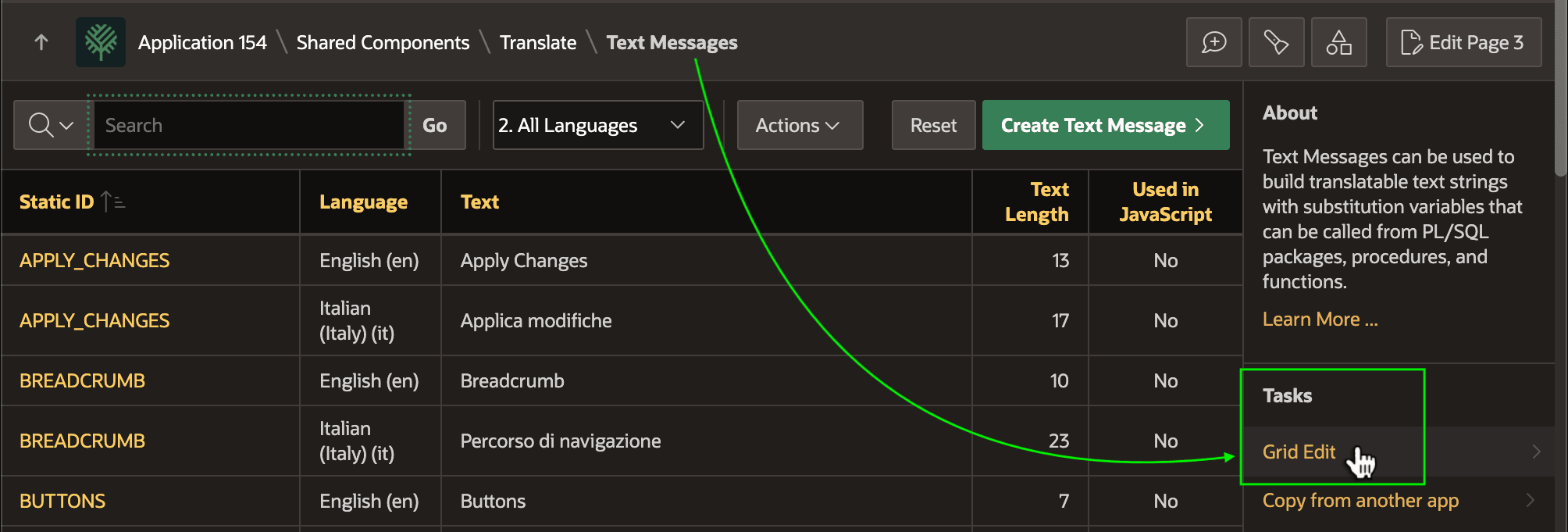 Text Messages 页面中打开 Grid Edit 任务