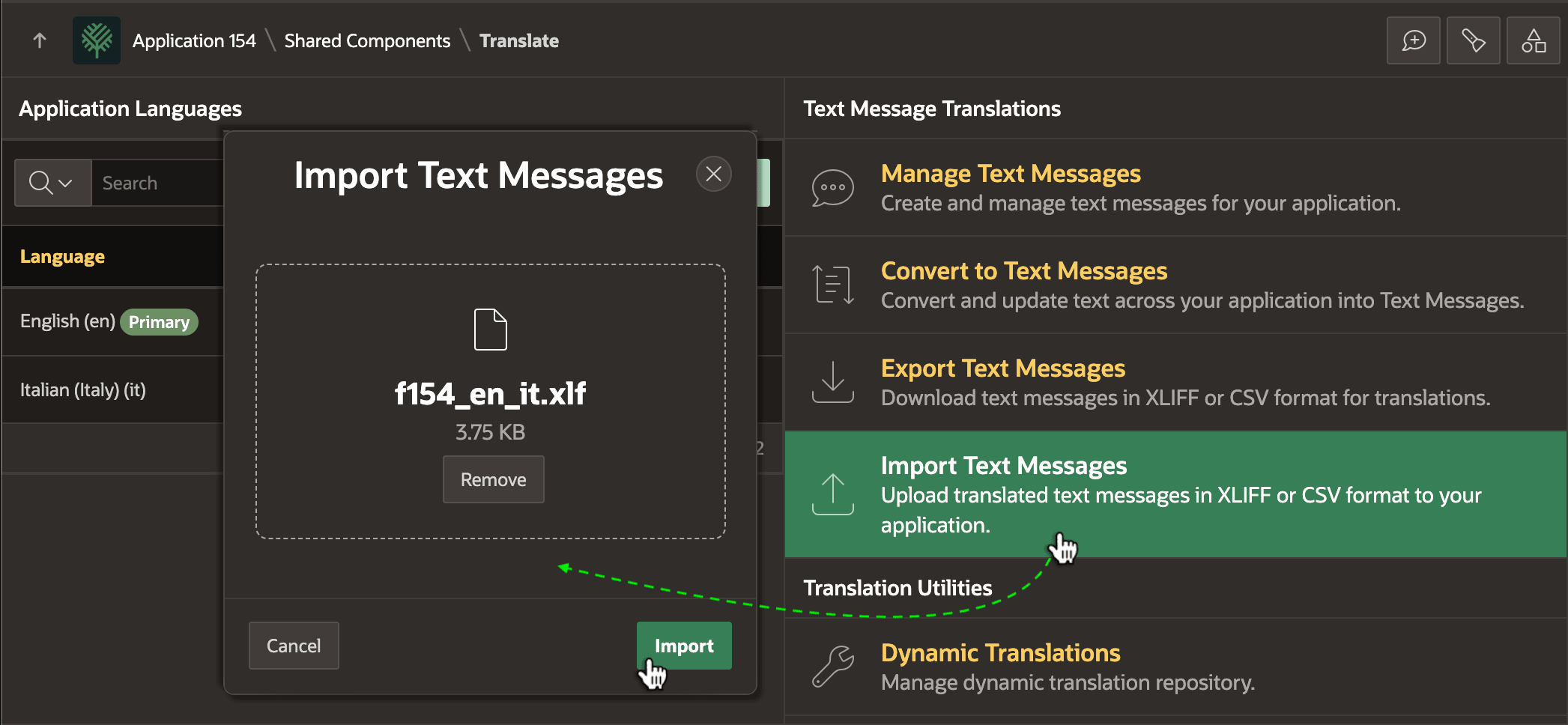 Import Text Messages 对话框导入翻译后的 XLIFF 文件