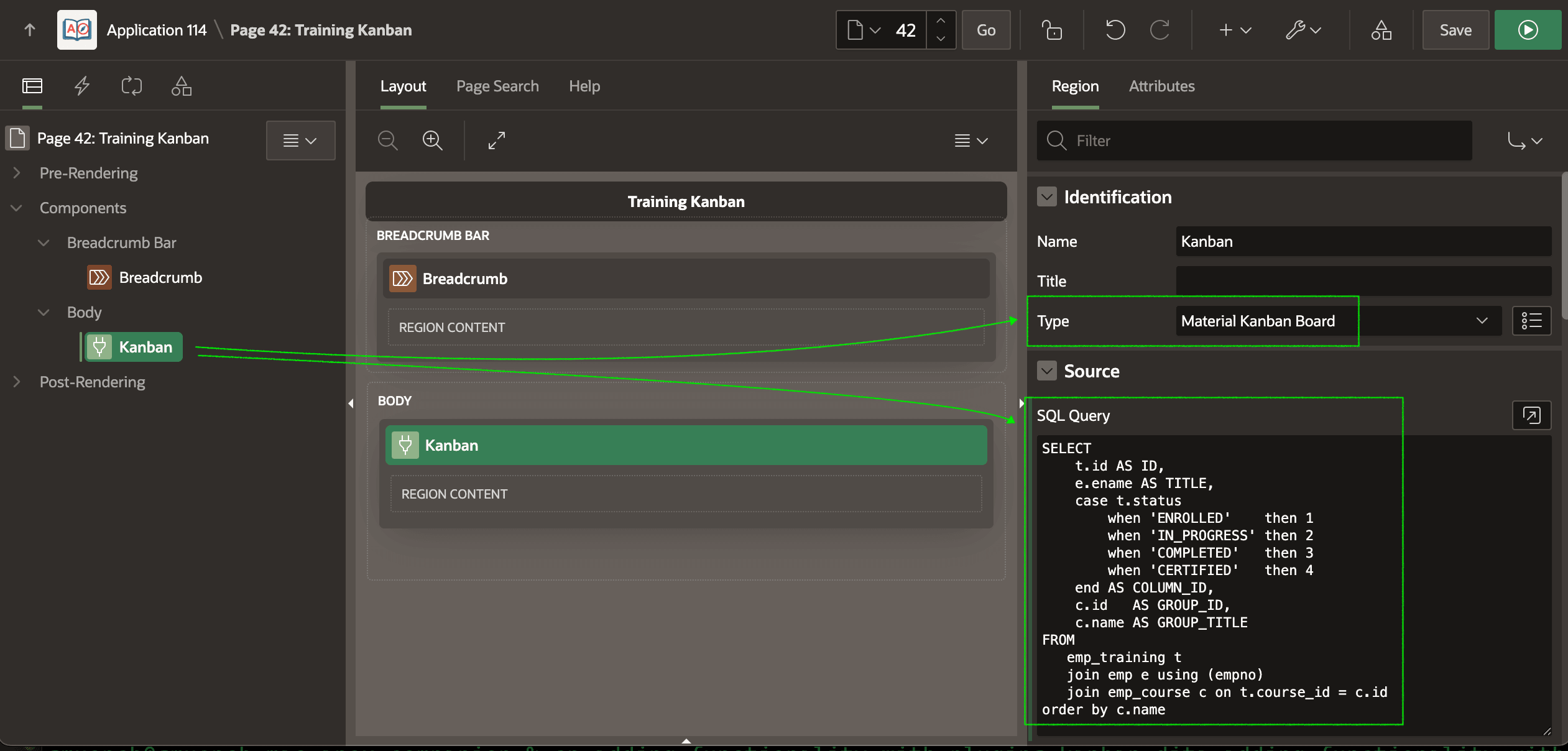 配置 Material Kanban Board 区域的 SQL Query